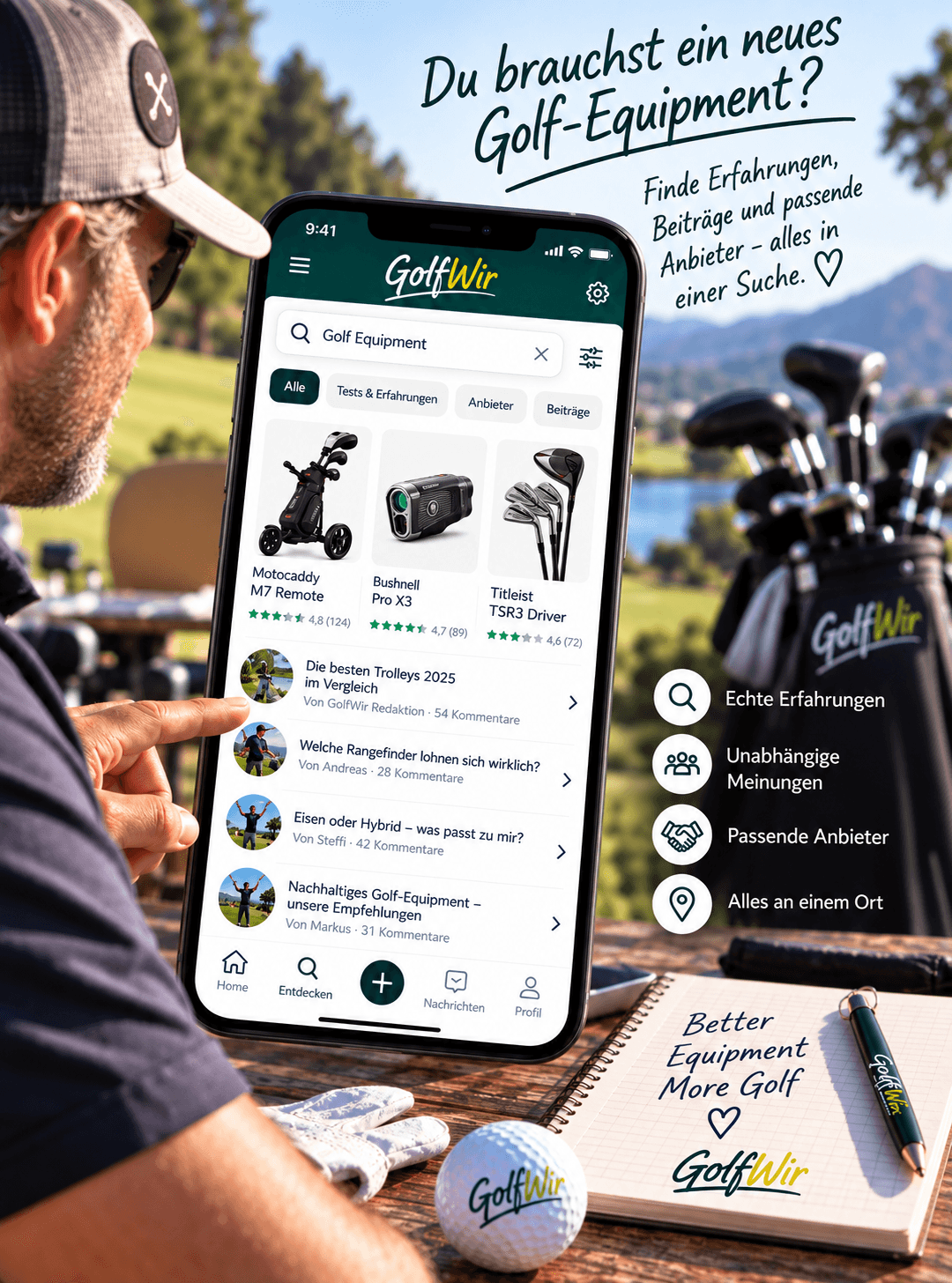Golfer sucht in GolfWir nach Golfequipment und findet Erfahrungen und Anbieter