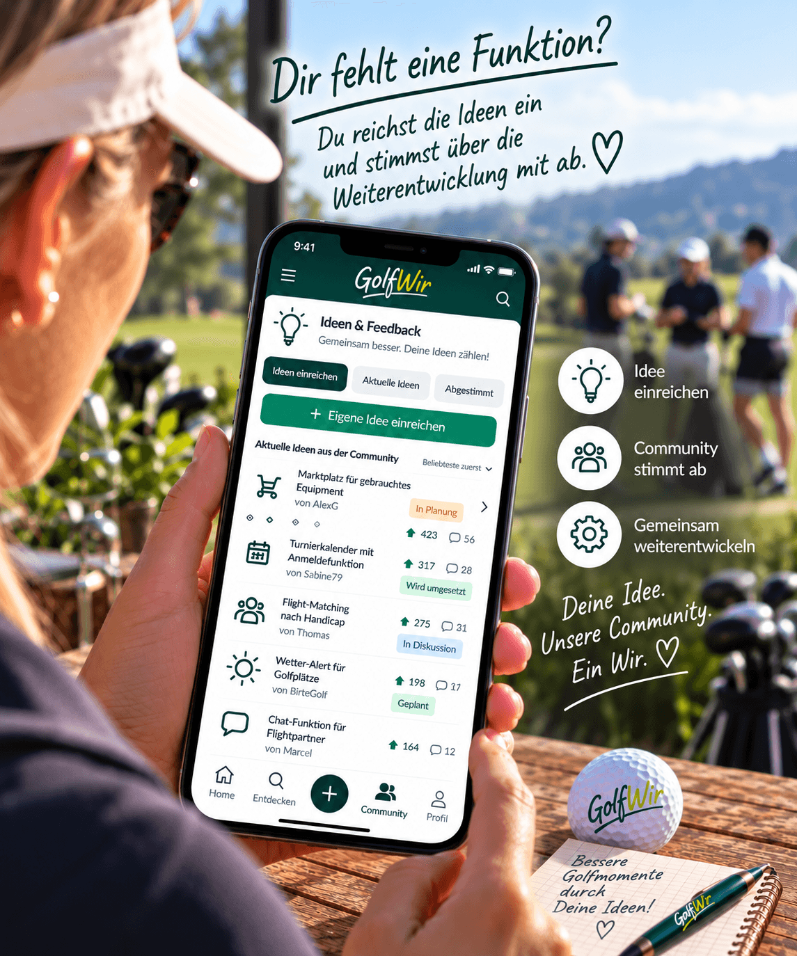 Golferin reicht in GolfWir eine Idee ein und stimmt über Funktionen ab