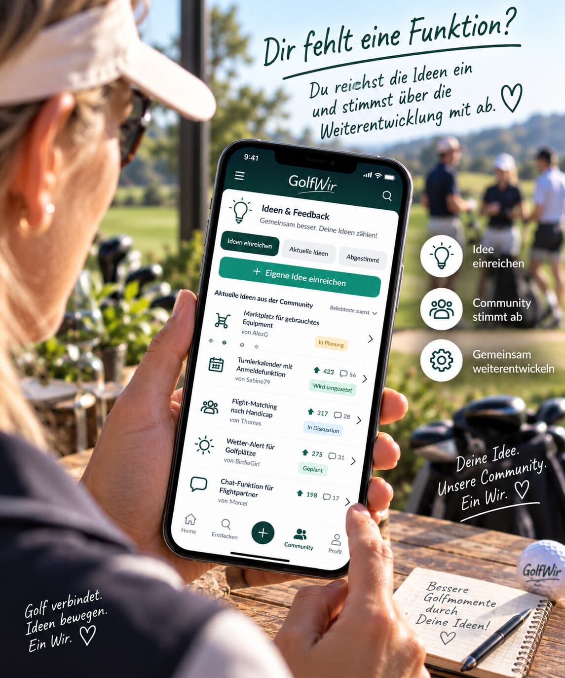 Golferin reicht auf dem Handy eine Idee bei GolfWir ein: Dir fehlt eine Funktion?