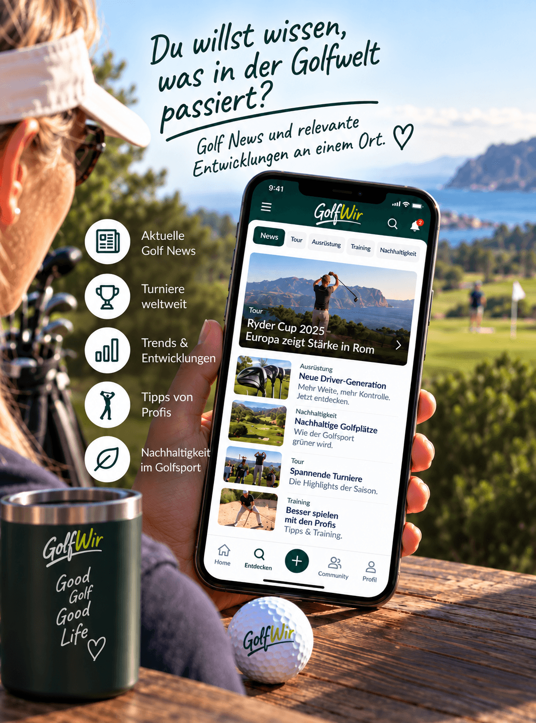 Golfer liest GolfWir-News mit Turnieren und Trends auf dem Handy