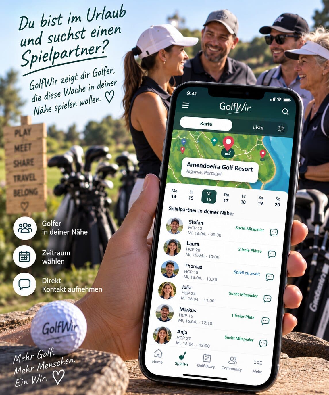 Golferin zeigt auf dem Handy die GolfWir-Liste mit Spielpartnern in ihrer Nähe