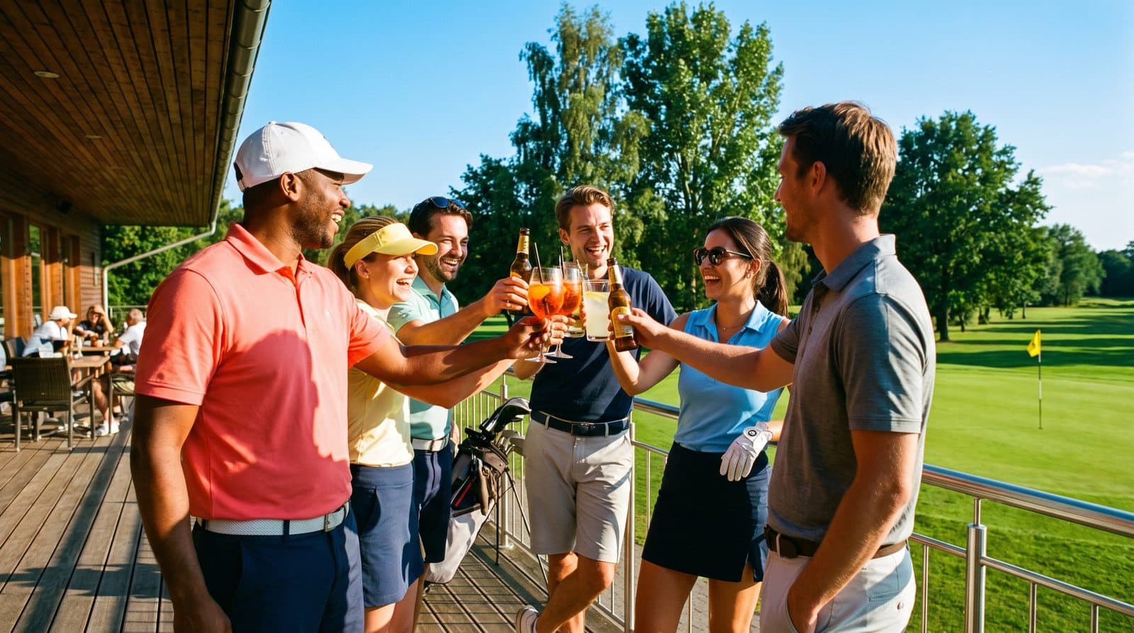 Golffreunde stoßen nach der Runde in der Sonne auf der Clubterrasse an