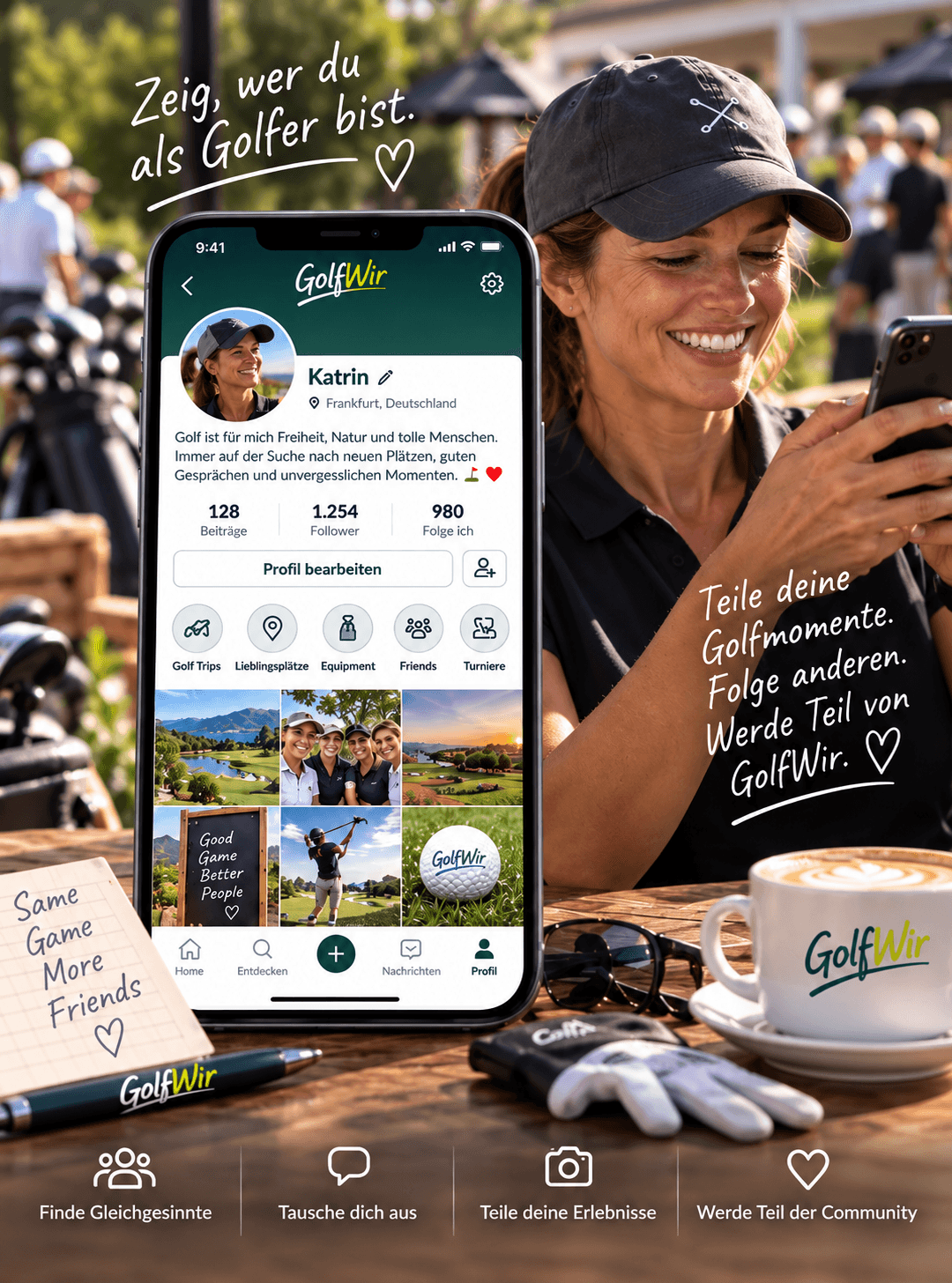 Golferin zeigt ihr GolfWir-Profil mit Beiträgen und Followern